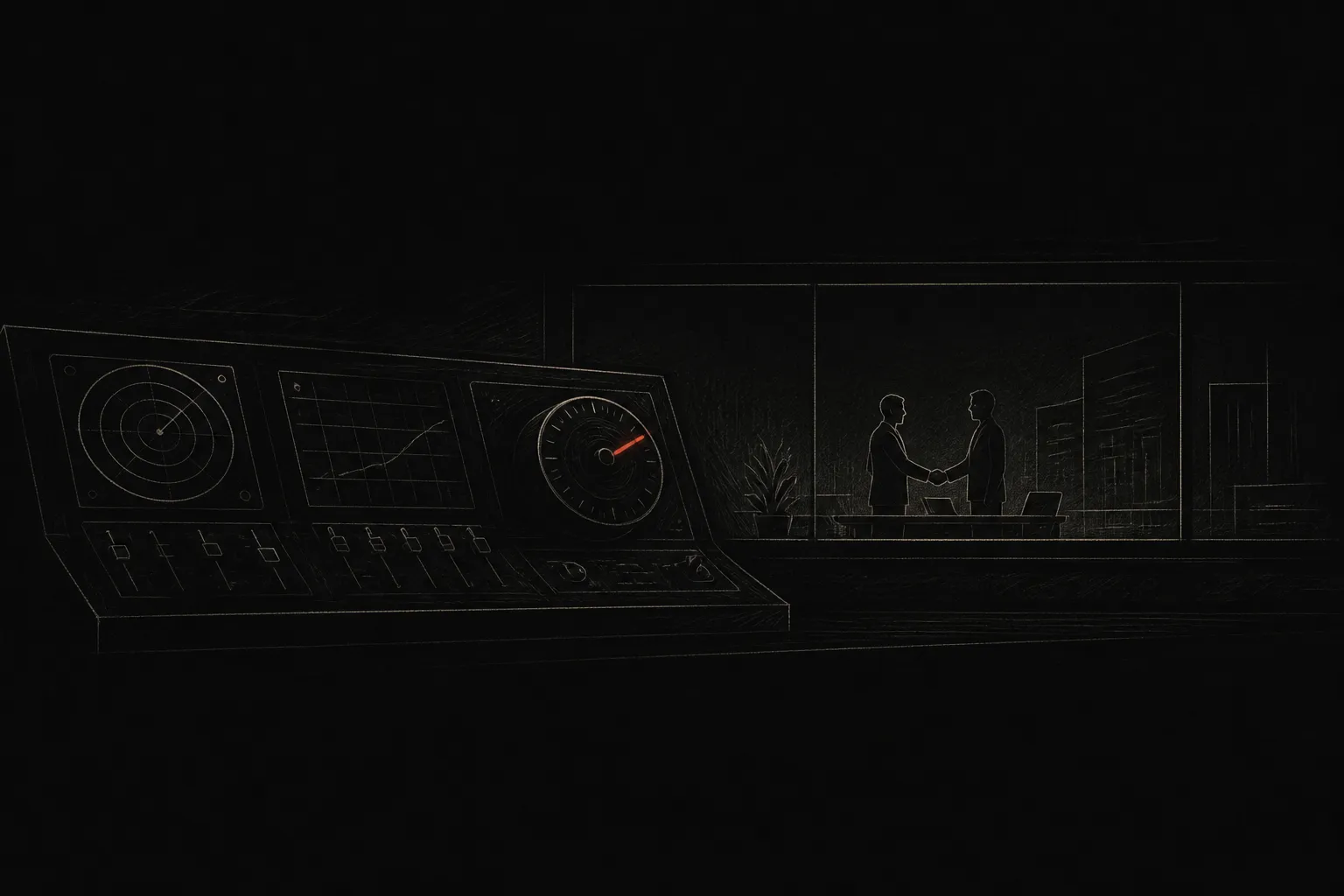 Editorial illustration: a settled control panel with one dial mid-turn and a distant figure shaking hands at a partner desk — a calmer week with an enterprise alliance in the background