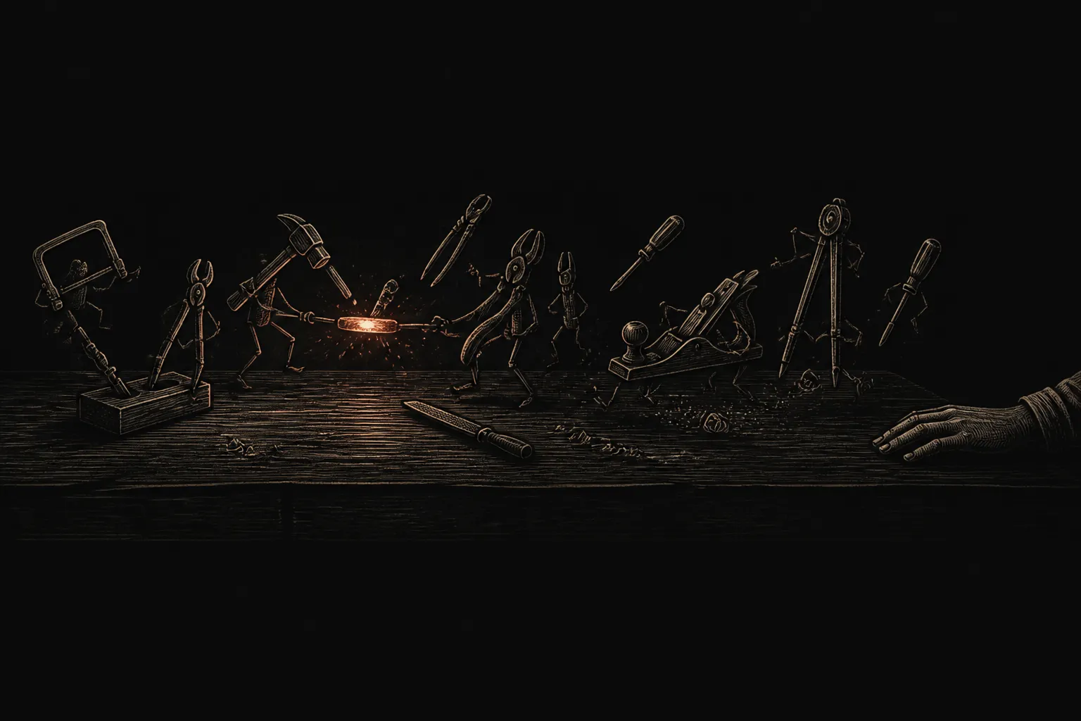 Editorial illustration: a workshop where most of the tools move on their own under a warm ember light while a single human hand rests at the edge, observing — most of the work now done by the machine