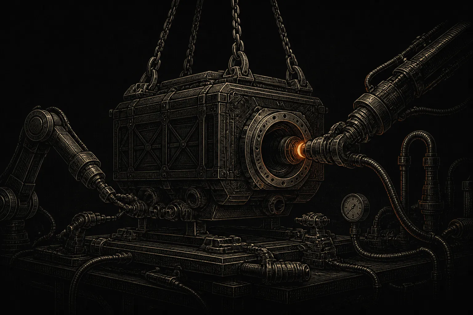 Editorial illustration: a large new engine being lowered onto a workbench while the smaller fittings, hoses, and gauges around it re-seat themselves to match, one connection glowing ember as it locks in — a core component replaced and everything adapting to it