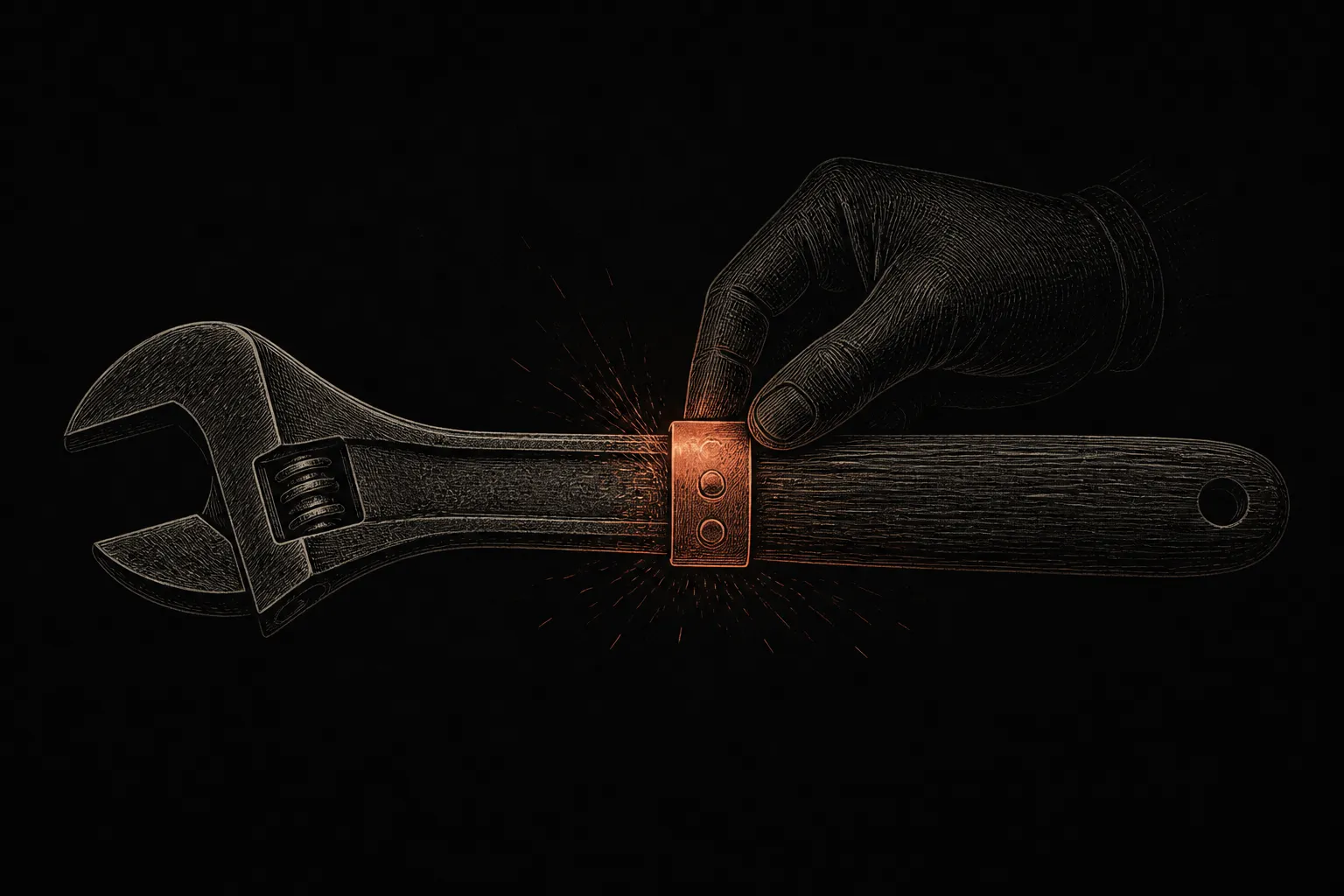 Editorial illustration: a workshop tool being reinforced mid-use — a persimmon shield-plate fitted to its handle while the work continues — hardening without downtime