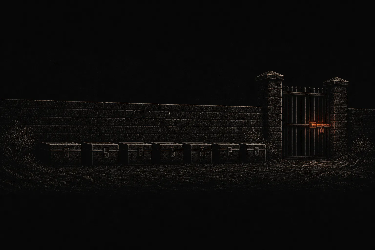 Editorial illustration: a contained workshop with a single guarded gate controlling what leaves, a ring of small sealed lockboxes around it, one latch glowing ember — controlled egress and bundled secrets