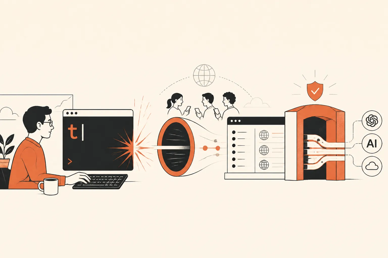 Editorial illustration: a 't' keystroke opens a tunnel portal connecting a local terminal to a remote gateway flanked by AI provider icons