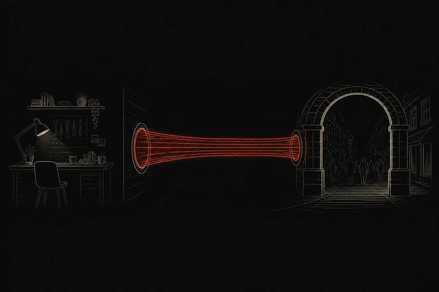 Editorial illustration: a local workbench connected by a glowing persimmon tunnel to a public doorway, with a Vite-style lightning bolt over the workbench — local dev sharing through both Wrangler and the Vite plugin