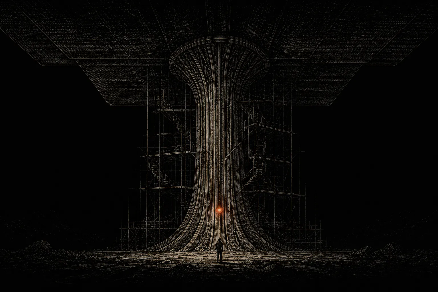 Editorial illustration: a single sapling has become a vast load-bearing pillar overnight, scaffolding rising around it as a small figure looks up — a foundational supplier scaling into public-company size