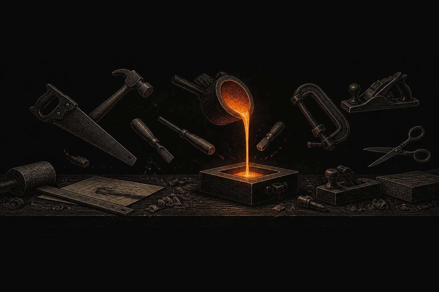 Editorial illustration: a workshop frozen mid-motion under a soft ember glow — tools suspended in the air, a half-poured liquid held still — then the same scene resuming, nothing lost