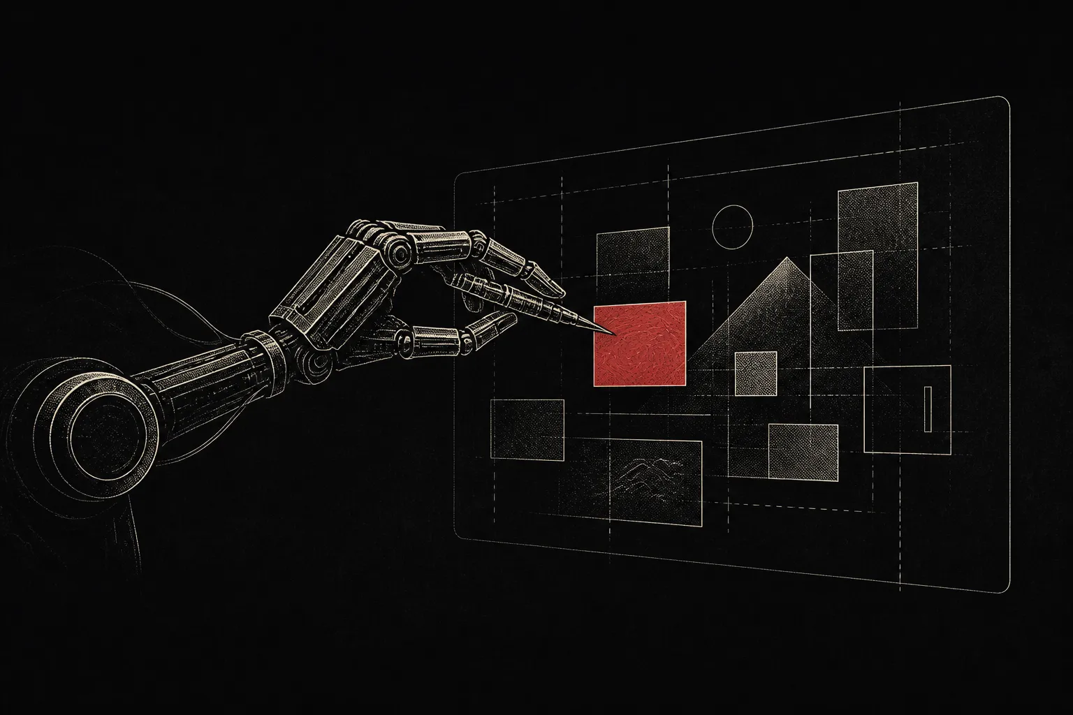 Editorial illustration: a robotic arm reaches into a framed canvas and rearranges floating design panels, while a watcher observes from the foreground — an agent editing inside the artifact