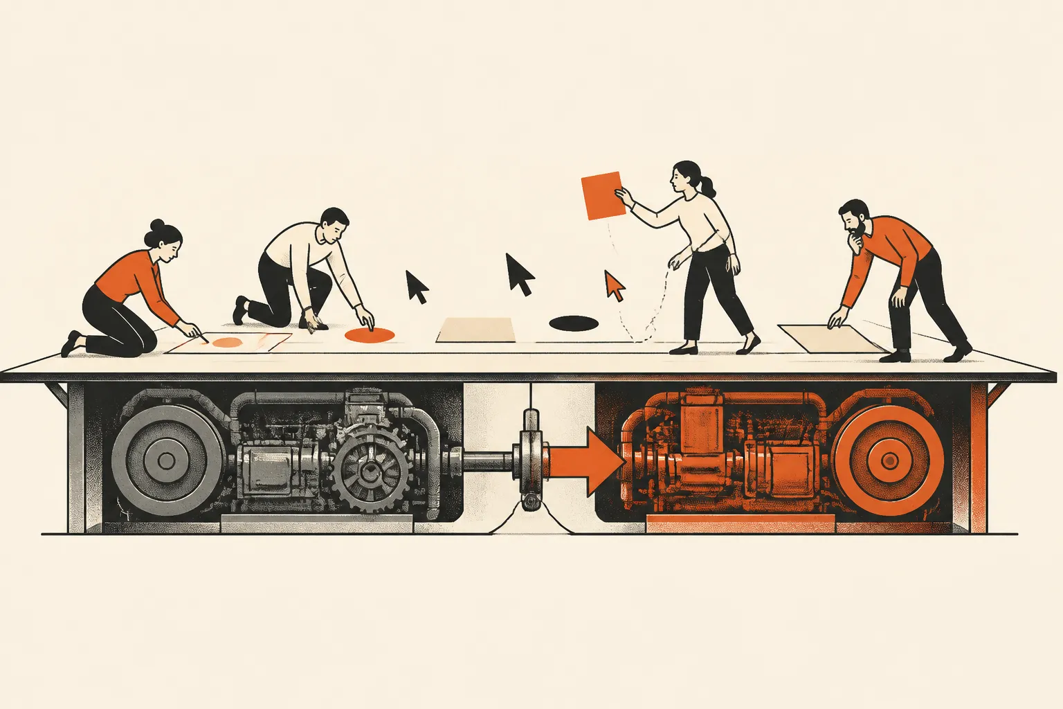 Editorial illustration: a team collaborates at a desk above while engine blocks swap from grey to persimmon underneath — the v2 storage engine swap under the canvas
