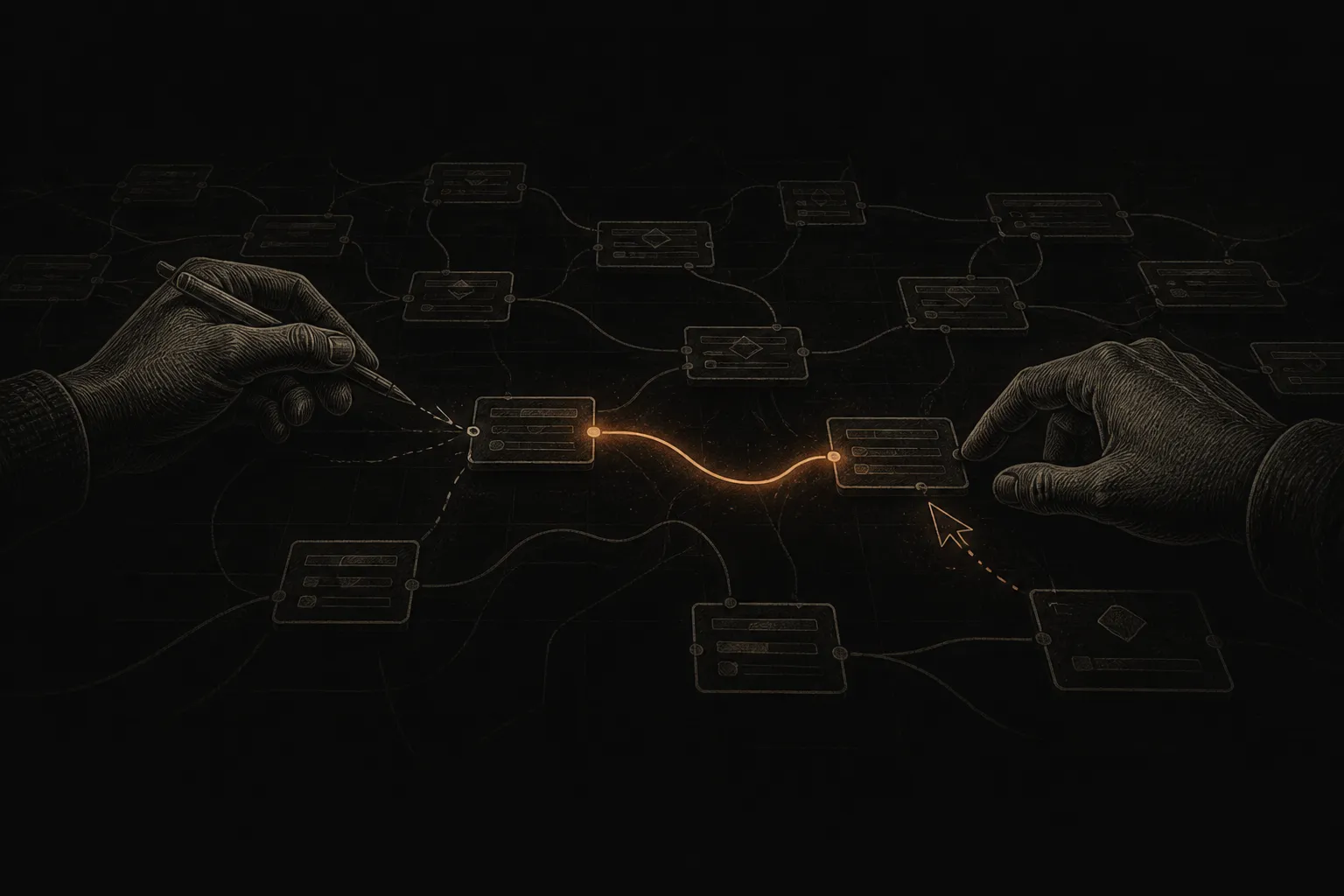 Editorial illustration: two sets of hands working the same node-and-wire diagram on a shared board in real time, cursors trailing, the connecting wires between nodes glowing ember where the two collaborators meet — realtime multiplayer on a flow canvas