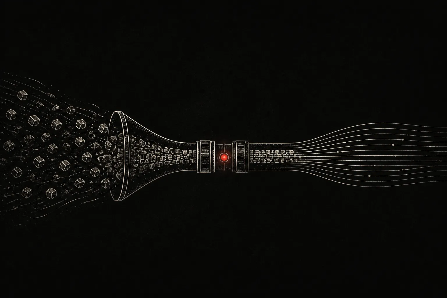 Editorial illustration: a heavy stream of blocks pours into a funnel that no longer overflows, a frayed connection thread now mended in persimmon — large Storage loads no longer dropping the connection
