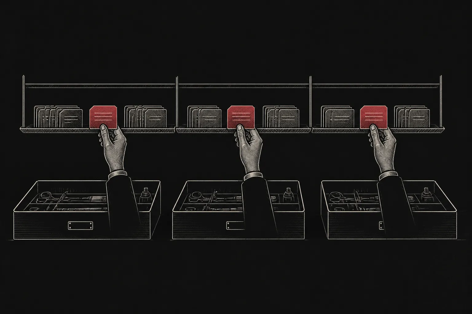 Editorial illustration: three different builder workbenches in a row, each clipping in the same persimmon recipe card from a shared rack — a reusable-instruction primitive common across competitors