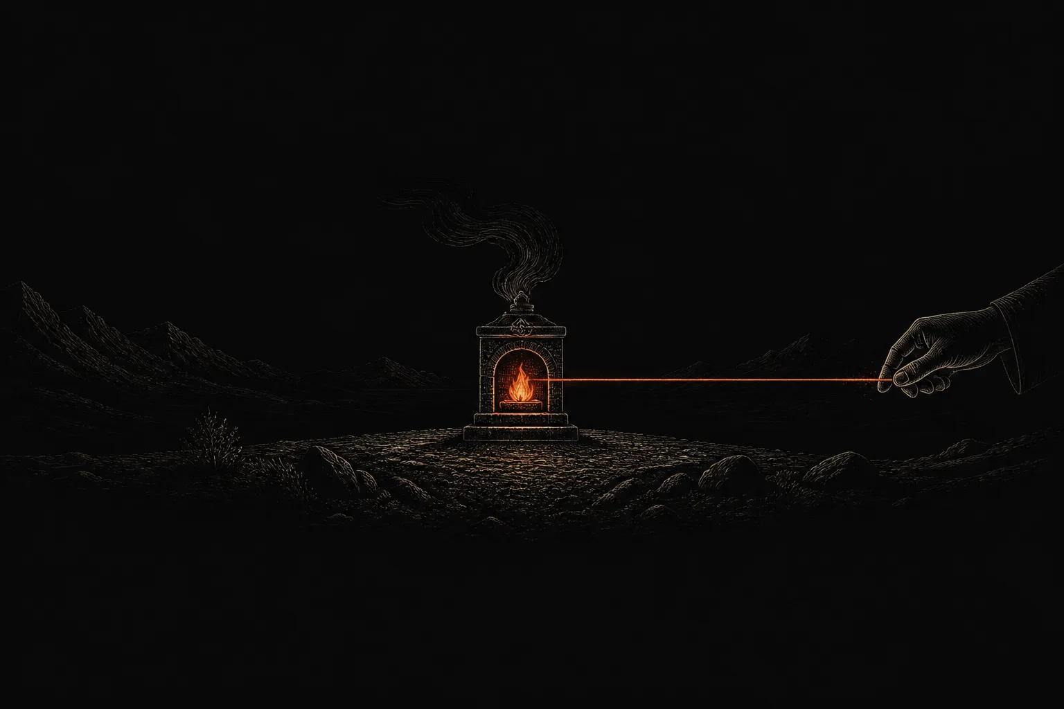 Editorial illustration: a controlled flame burns safely inside a hearth on the viewer's own ground while a guiding hand directs it from a distant managed console — execution on your infra, orchestration kept managed