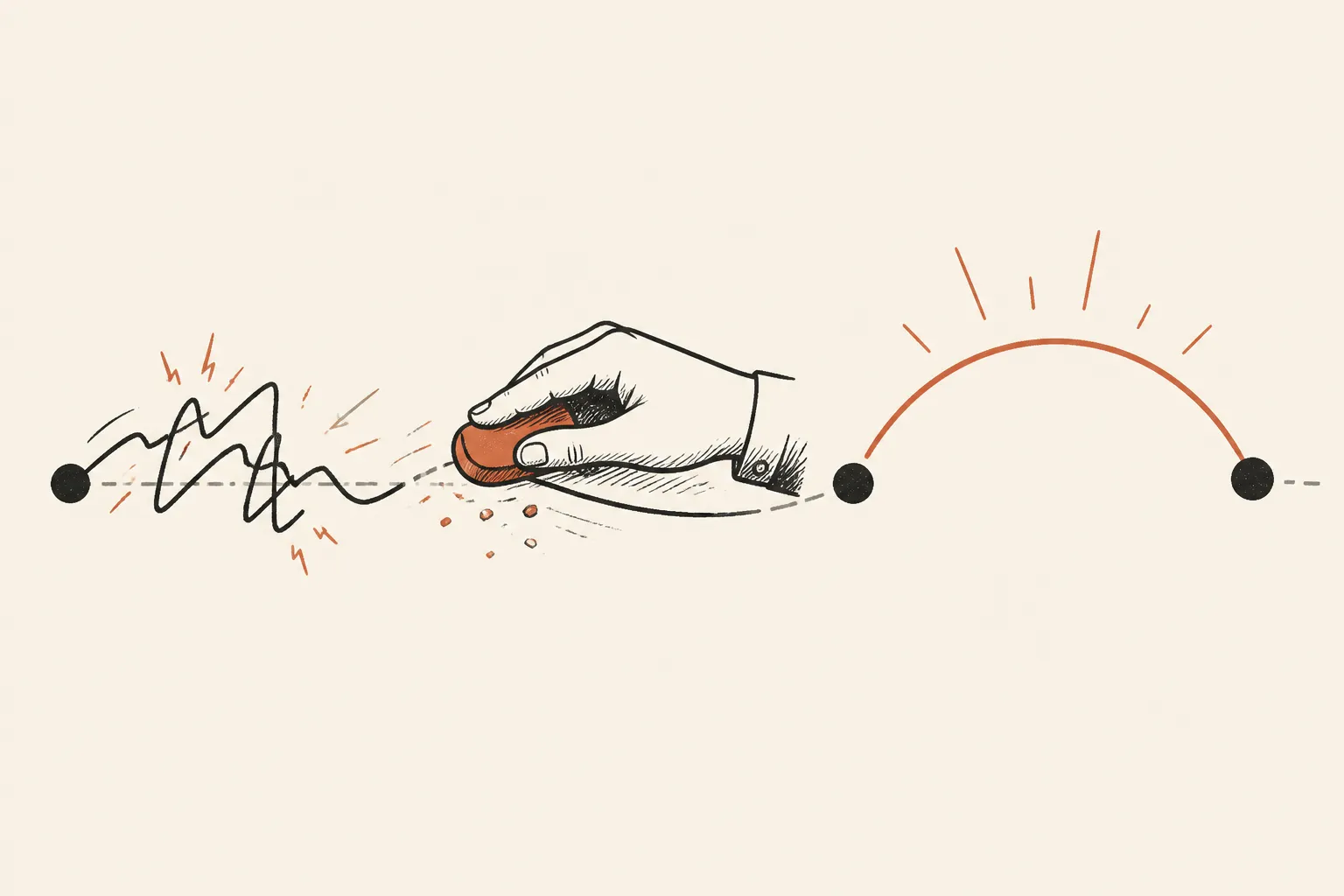 Editorial illustration: a hand sweeps an eraser through a jagged jank scribble that transitions into a clean persimmon arc — drag fixes plus the new arc transition
