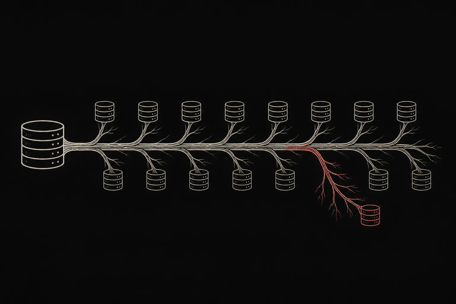 Editorial illustration: a central trunk branches into many small identical database saplings, each tagged for a different tenant, with one persimmon branch forking off — per-tenant provisioning and branch forking