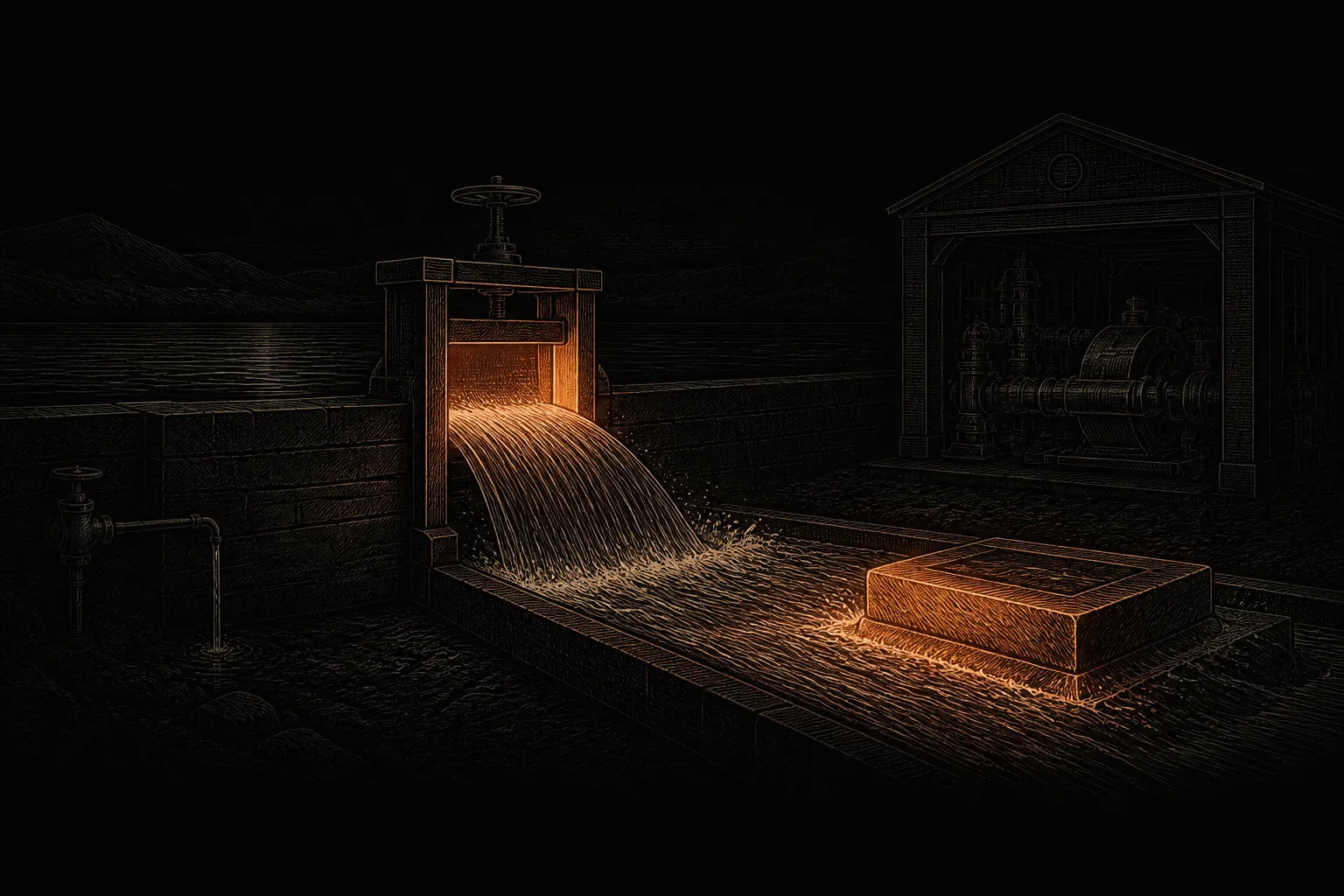 Editorial illustration: a wide reservoir whose channel to a workshop has been widened five-fold, water moving freely where a narrow pipe used to constrain it, a fresh foundation stone set at the base glowing ember — more throughput and a new default footing