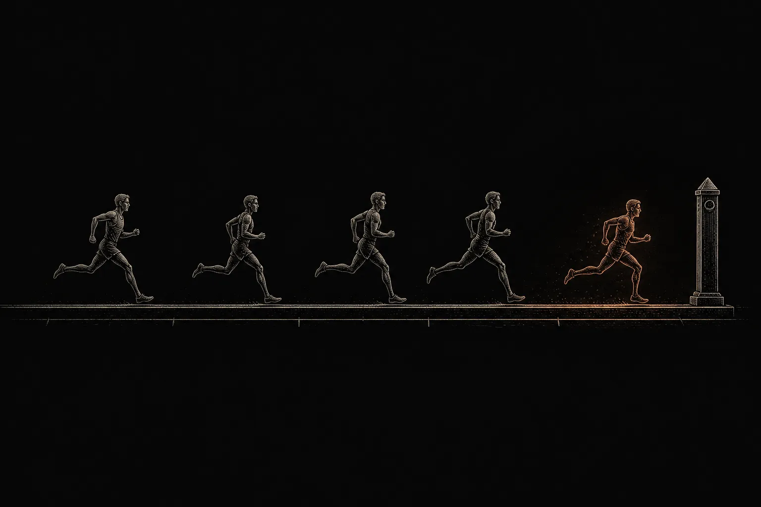 Editorial illustration: several model-runners on a measured track with a clear leaderboard post, one lane in persimmon trailing close behind the leaders — a neutral public ranking of coding models