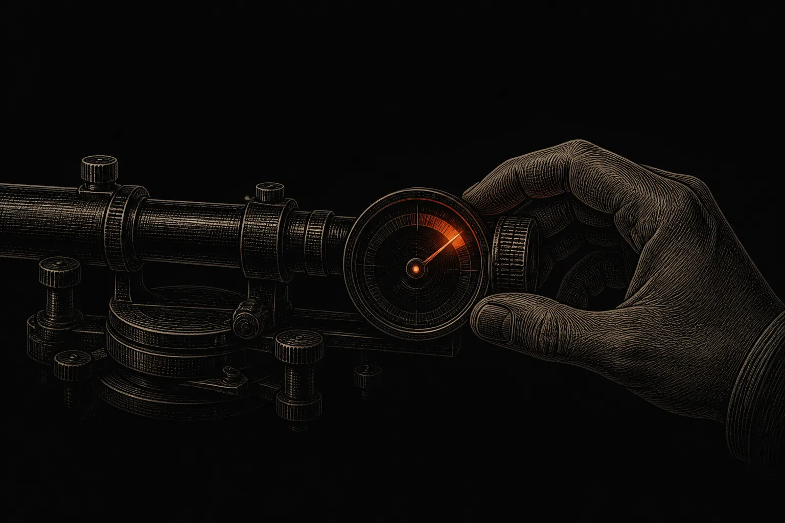 Editorial illustration: a craftsman's hand re-tuning a glowing dial on a familiar instrument, the calibration mark sliding to a warmer setting — a model refined rather than replaced