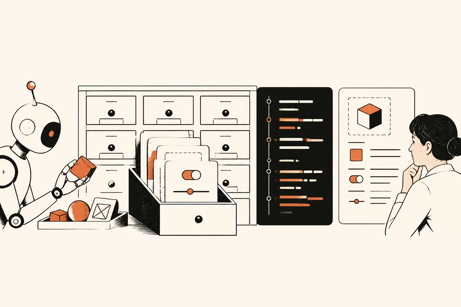 Editorial illustration: a robot pulls specimen cards from a labeled card catalog while a developer reads on panels — agent-readable component truth