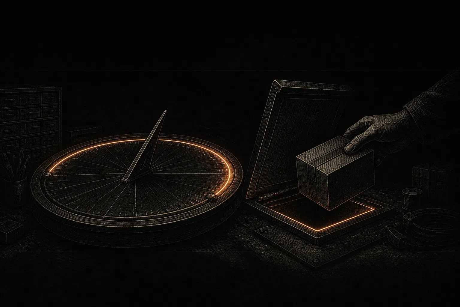 Editorial illustration: a workshop clock whose working span has been stretched far wider than before while a hand simply drops a parcel through an open hatch, no keys or forms involved, one edge of the hatch glowing ember — a longer runway and a frictionless drop-in