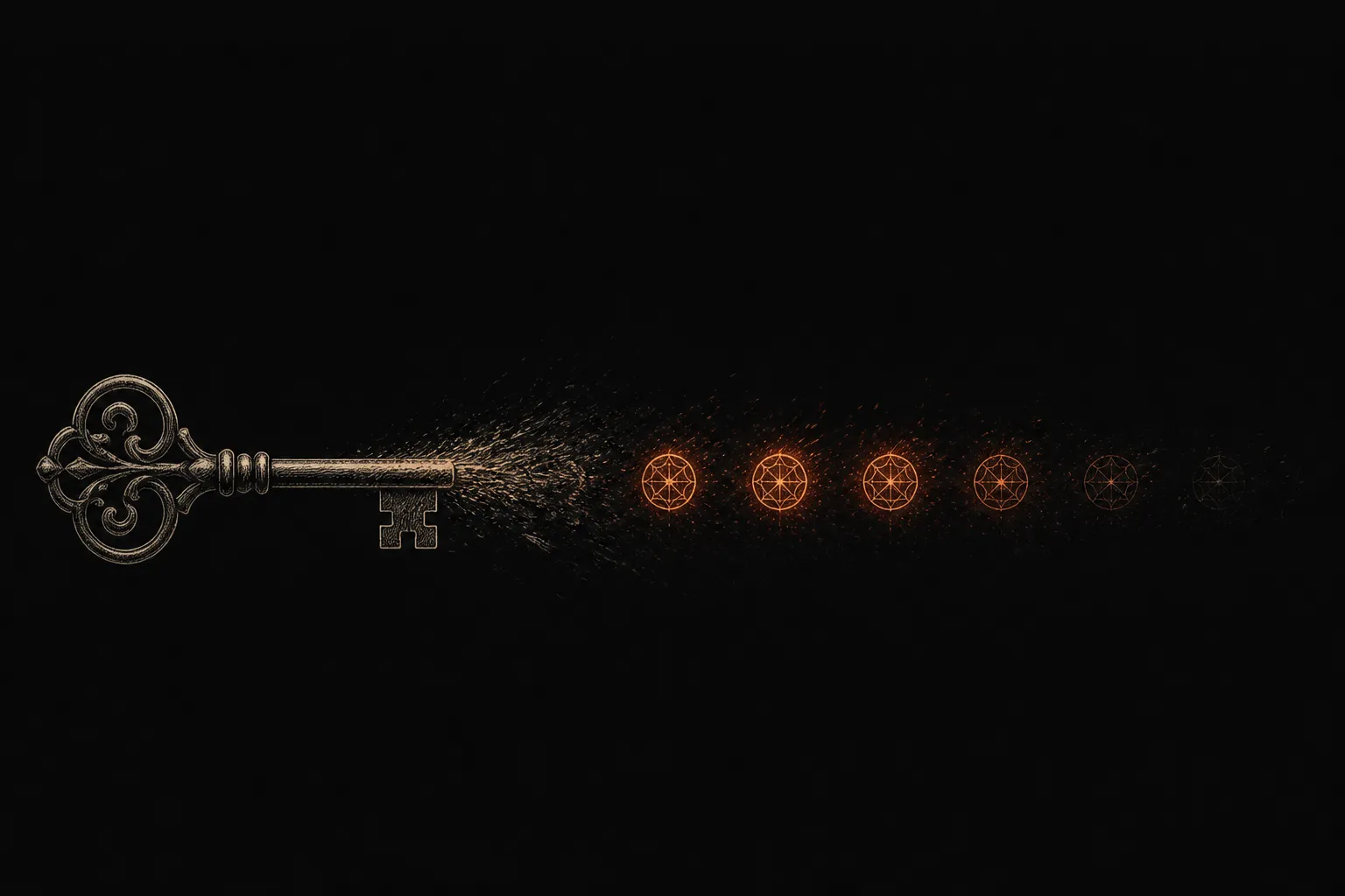 Editorial illustration: a heavy permanent key dissolving into a series of small time-stamped tokens that flare ember-bright and fade — short-lived credentials replacing a master key