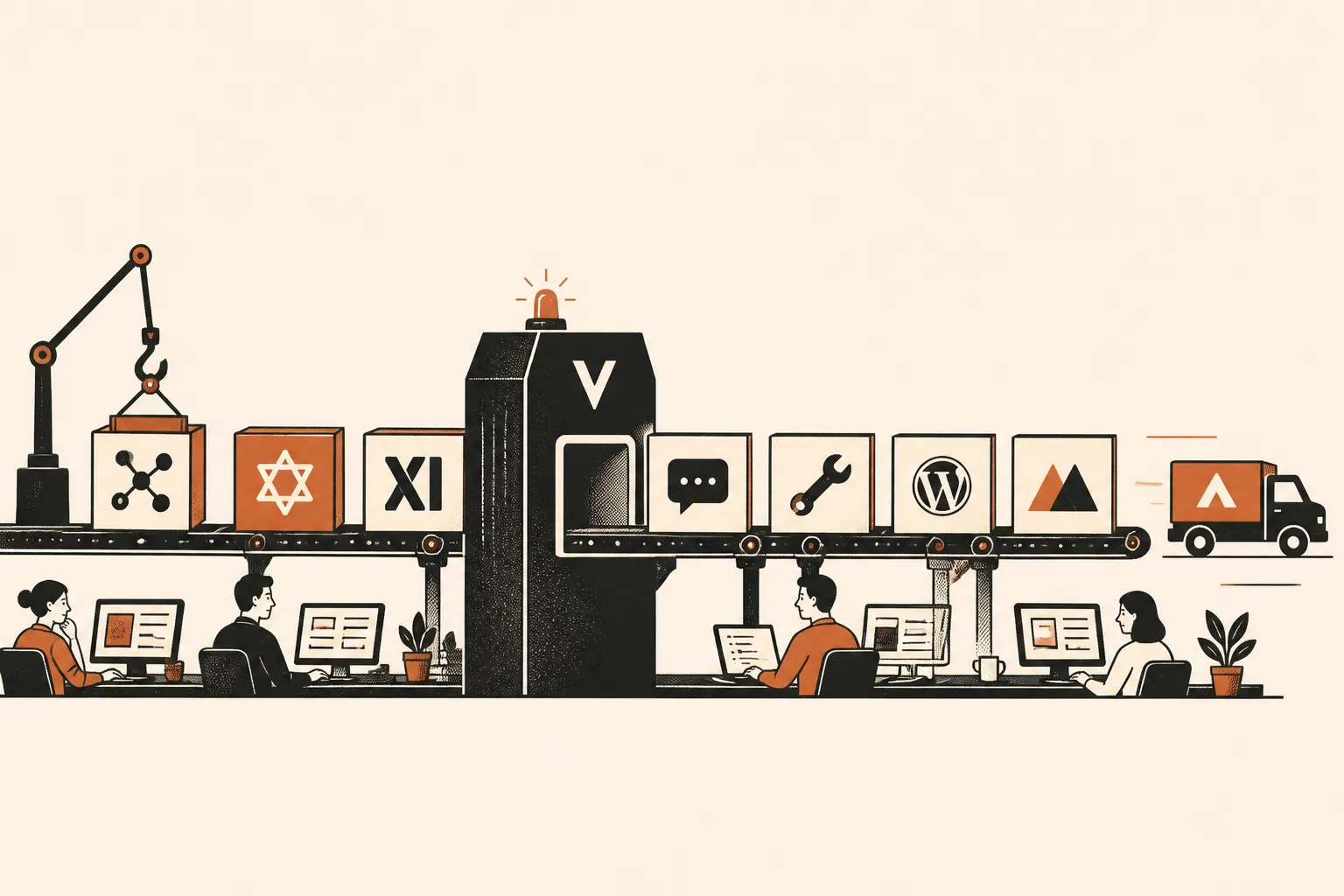 Editorial illustration: a factory conveyor of branded AI shipments rolling past workers, gated by a Vercel V, loading into a delivery truck — the relentless weekly cadence