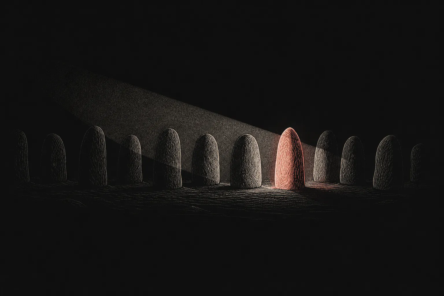Editorial illustration: a beam of warm light scans a row of stone forms in the dark, one ember-glowing — surveying the week and selecting what matters
