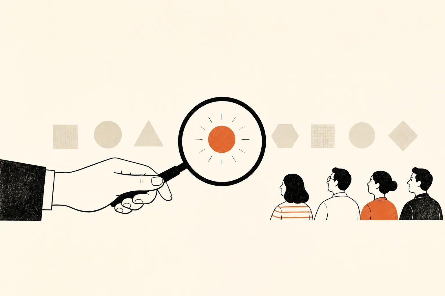 Editorial illustration: a magnifying glass scans across a scatter of geometric shapes and figures — the metaphor for surveying and selecting what matters