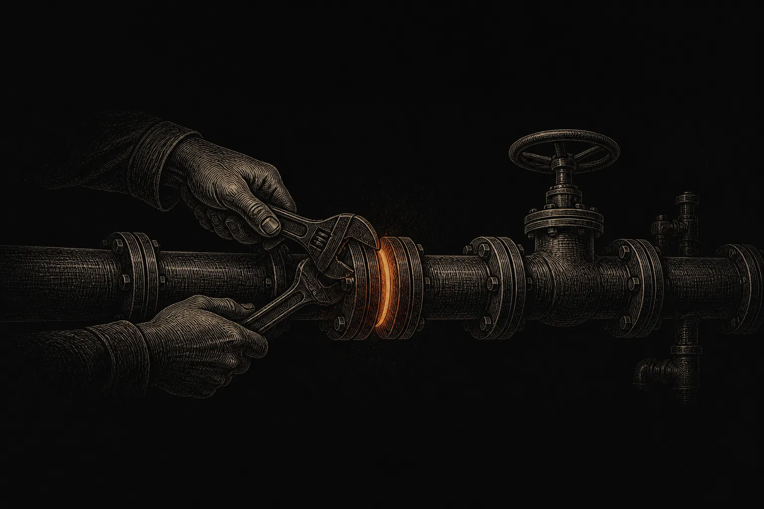 Editorial illustration: a row of sturdy pipes and valves being tightened by careful hands in the dark, one joint glowing ember where it's just been sealed — infrastructure quietly hardened