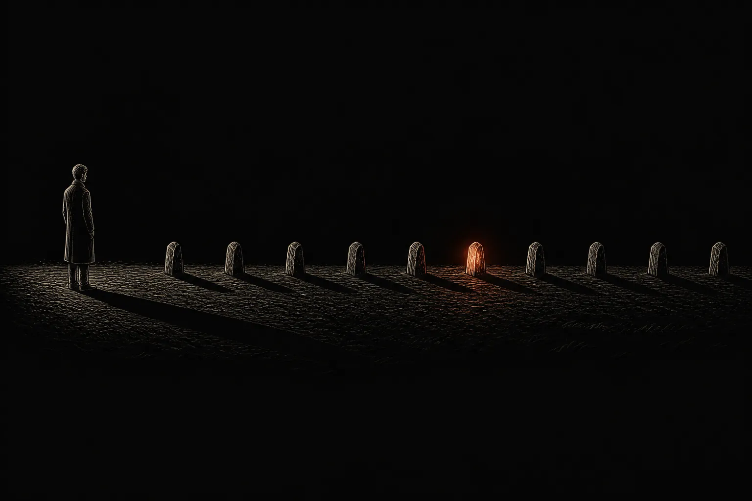Editorial illustration: a single tall figure casts one long shadow across a row of small stone markers, one marker ember-lit — one provider's week falling across the whole field