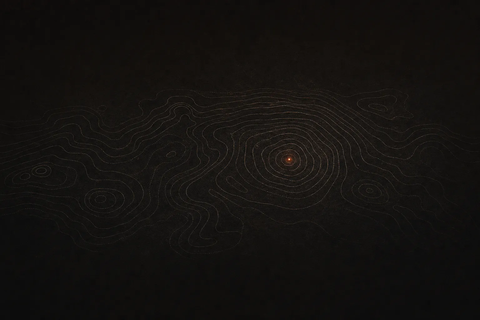 Editorial illustration: a beam of warm light scans across a row of stone forms in the dark, one ember-glowing — the metaphor for surveying the week and selecting what matters