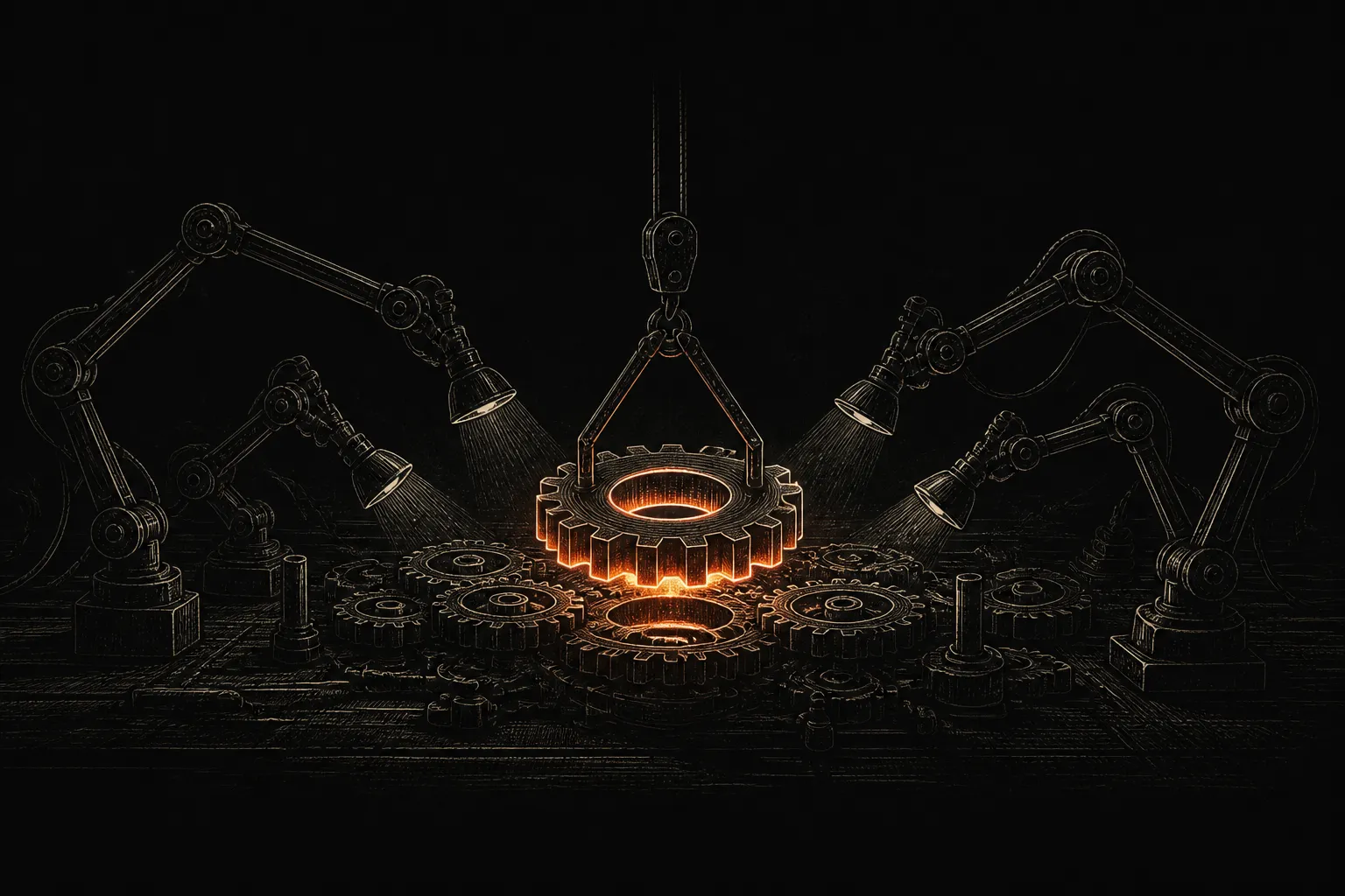 Editorial illustration: a new, larger lamp being lowered into place at the center of a workshop while smaller lamps along the bench are re-aligned to it, one filament flaring ember-bright — a new generation arriving and the surrounding tools adjusting to it