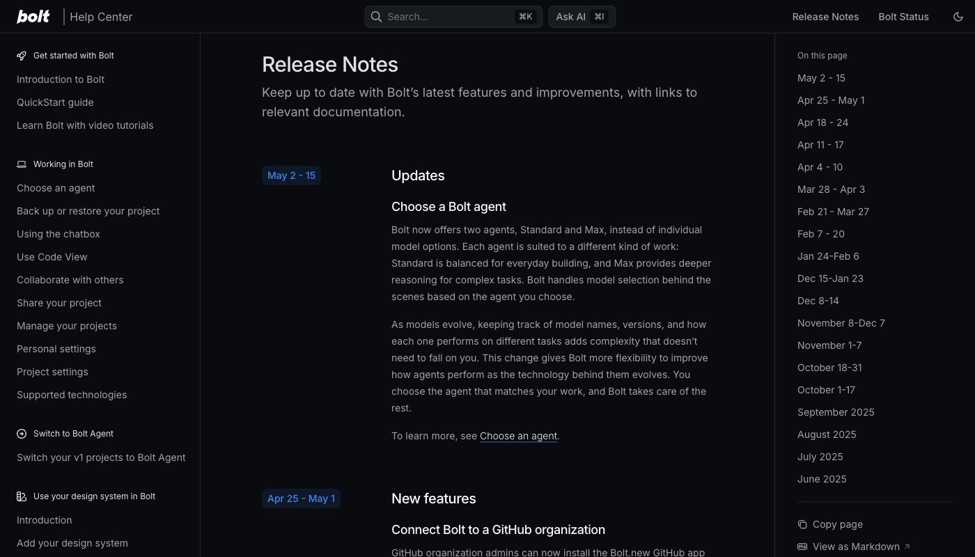 Bolt.new release notes screenshot — MCP server support